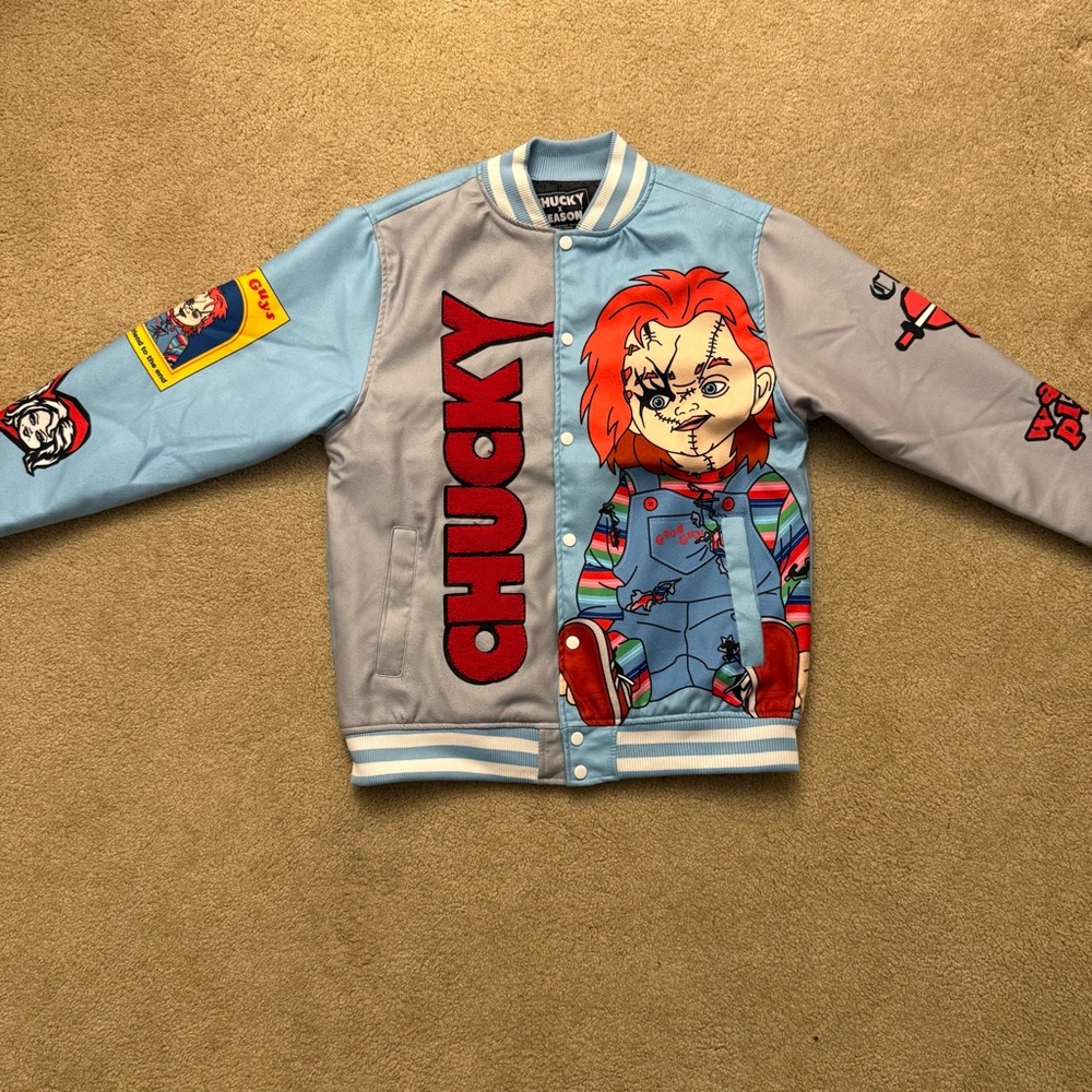 Chucky x Reason Varsity Jacket Mens Large Blue Horror Movie Tiffany Love Hurts